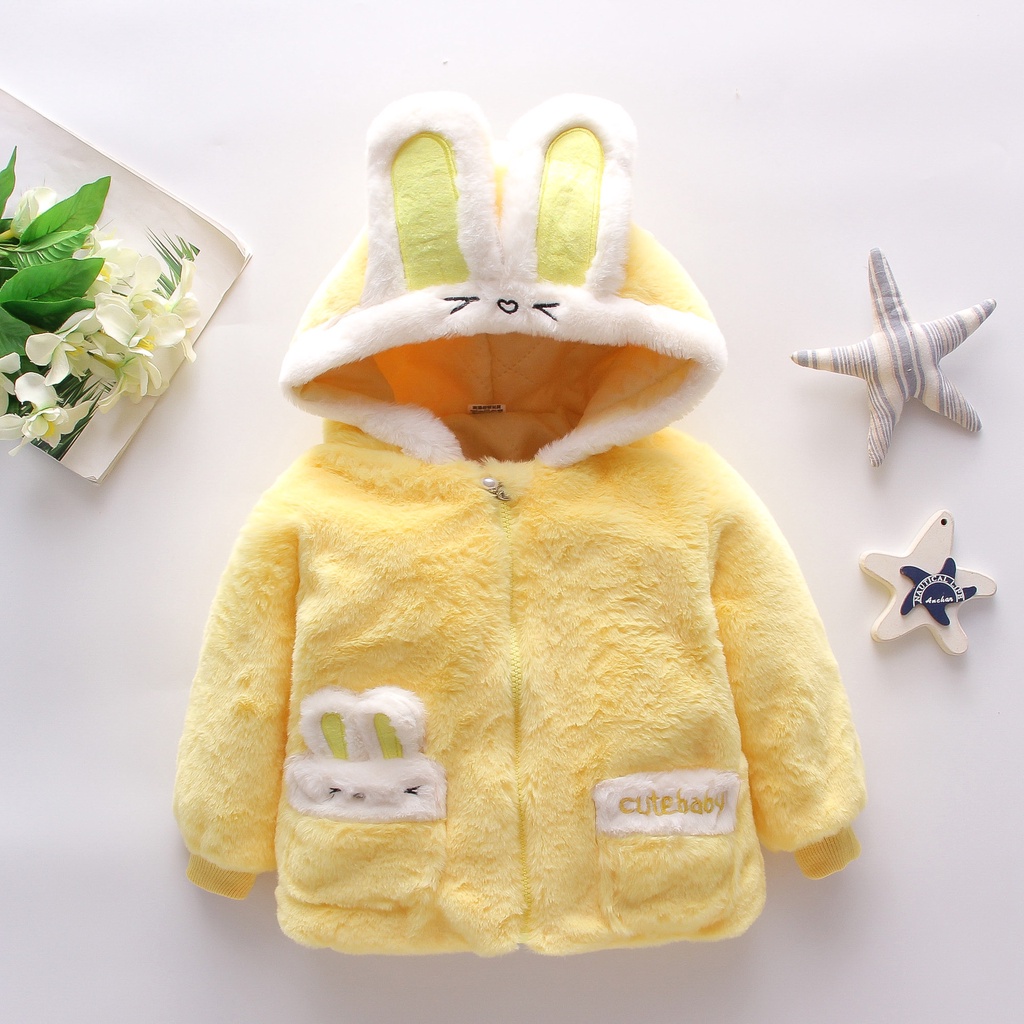Áo sweater cotton màu trơn có mũ trùm đầu họa tiết thỏ hoạt hình dễ thương mẫu cho bé gái 1-4 tuổi