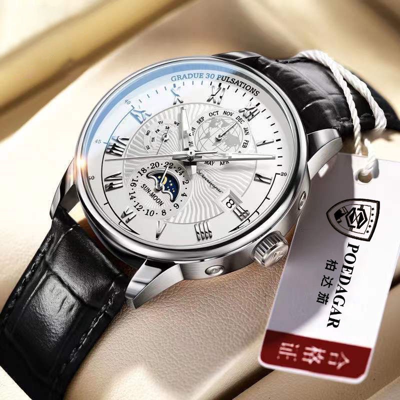Đồng hồ nam cao cấp POEDAGAN mặt bản đồ, đồng hồ chính hãng thiết kế độc đáo mặt kính saphire chống nước chống xước