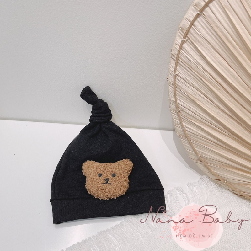 Mũ nón chất cotton thắt nút đính gấu đáng yêu cho bé 0-12m NanaBaby MD63