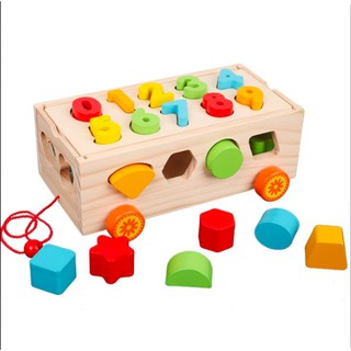 Bộ đồ chơi gỗ xe kéo thả số và hình khối