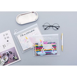 Bộ 2 Túi Zip Lụa Trong Suốt Đựng Bút Viết Đựng Mỹ Phẩm Hình Unicorn Kích Thước Cỡ A5