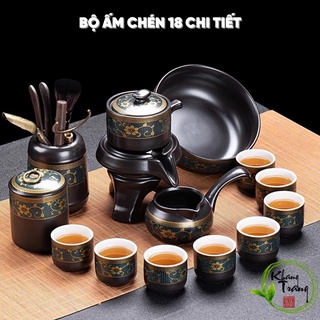 Bộ ấm chén pha trà Cối xay ⚡ CAO CẤP ⚡ Bộ ấm chén 18 chi tiết hoa cẩm xanh với phong cách đồ gốm cổ xưa