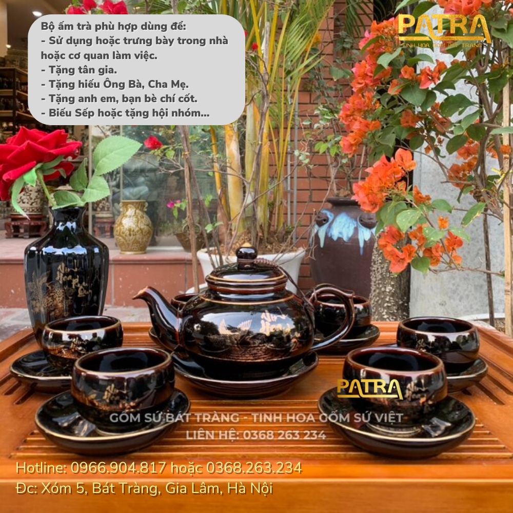 Bộ ấm chén uống trà cao cấp , bộ ấm trà Bát Tràng - vinh hoa phú quý men đen bóng