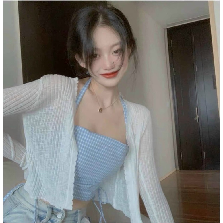 SET ÁO CROPTOP CARO XANH RÚT DÂY HÔNG KÈM ÁO KHOÁC TRẮNG