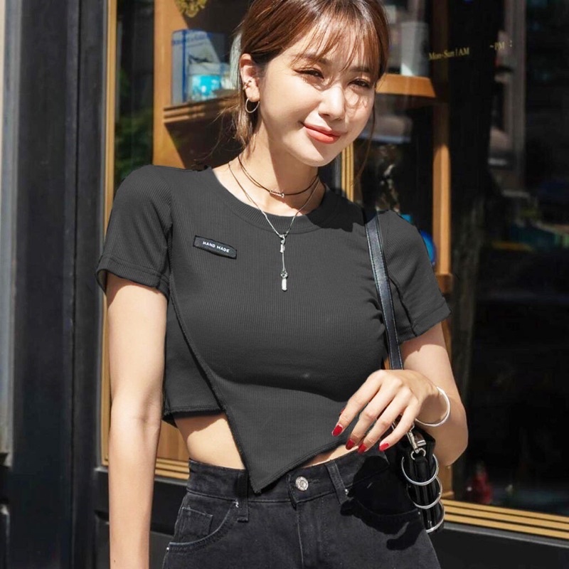 [ SIÊU SALE] Áo Croptop Ngắn Tay Bất Đối Xứng Anhribi - Áo kiểu nữ chất thun gân chéo tà tôn eo siêu xinh kèm video thật