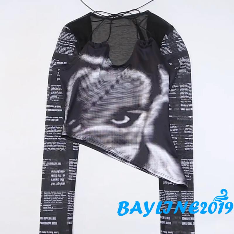 Set Đồ 2 Món Áo Croptop Tay Dài Họa Tiết In Chữ Phối Lưới In Chữ Cá Tính Cho Nữ