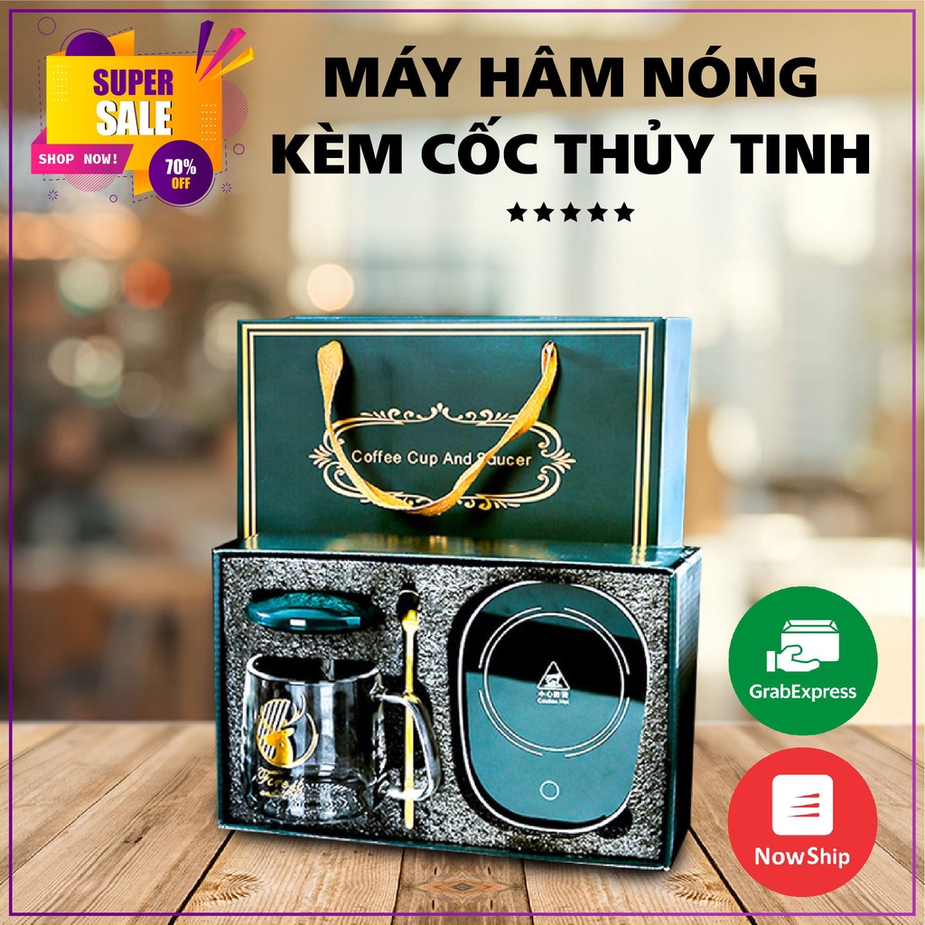 BỘ cốc hâm nóng Ly thủy tinh kèm đế điện hâm nóng cốc uống cafe