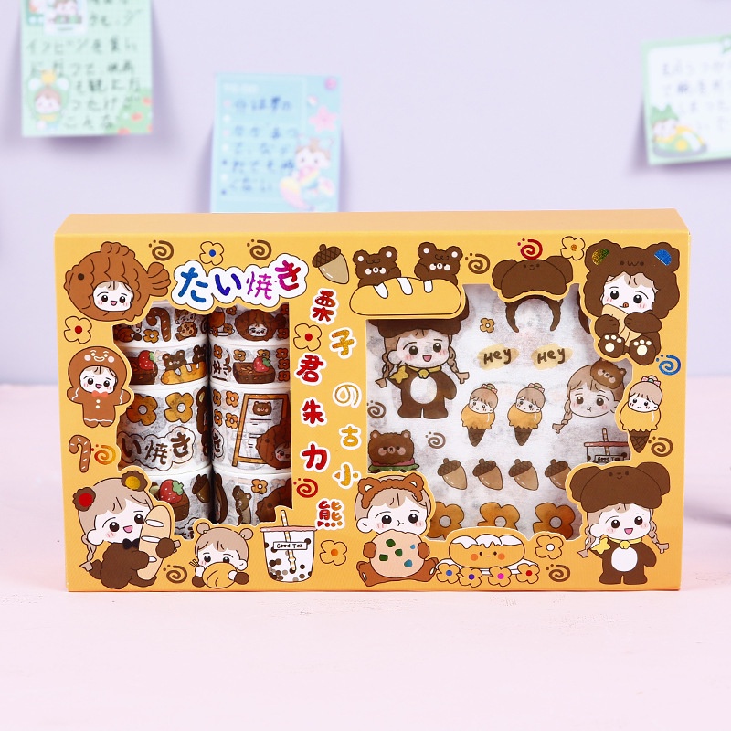 Hộp sticker cute washi tape dán sổ tay decor set 10 cuộn băng dính 10 hình dán sicker