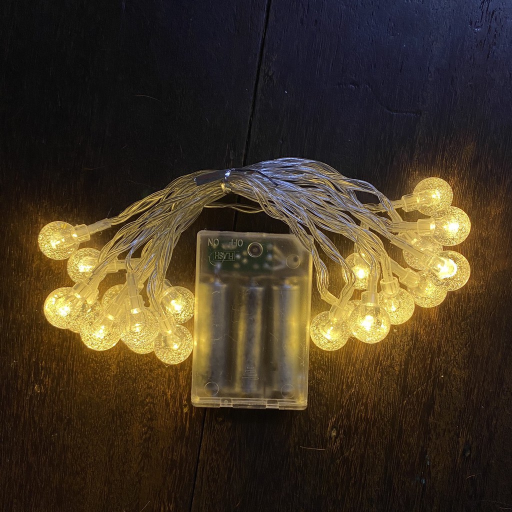 (Xài Pin AA) Dây Đèn Led Trang Trí 20 Bóng Tròn Pha Lê Màu Vàng Nắng Trang Trí Tết Noel Quán Cafe