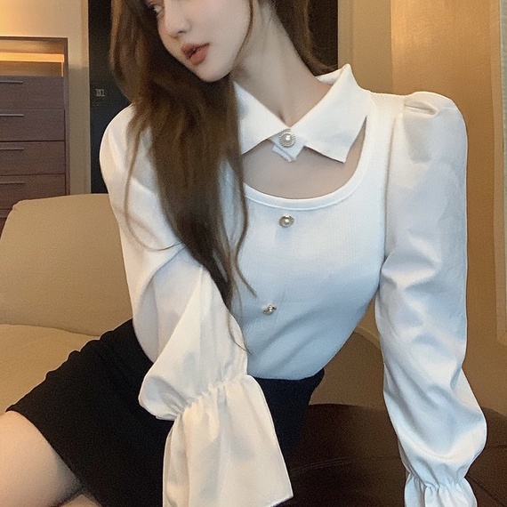 Áo ZHELIHANGFEI dệt kim tay dài phồng cổ polo khoét rỗng phong cách sang trọng hợp thời trang