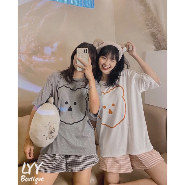 Set đồ nữ áo phông GẤU Hàn Quốc kèm quần short kẻ caro cute chất đẹp  Quảng Châu LYY BOUTIQUE