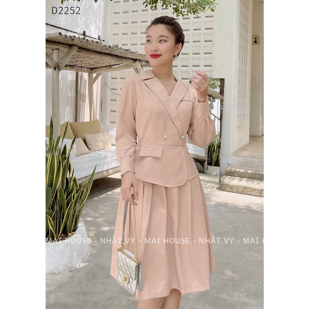 Đầm Nữ NHẬT VY Cổ Vest Dài Tay Phối Dập Ly Chất Kaki Thun Dáng Ôm Xoè Nhẹ Màu Đen, Nude - D2252
