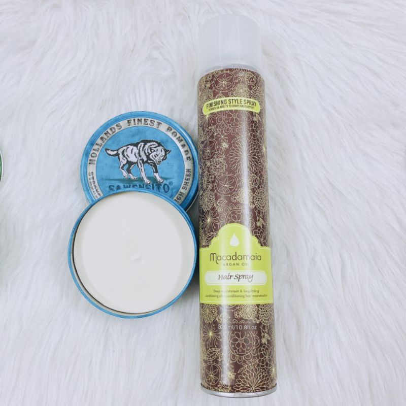 Combo Gôm xịt giữ nếp tóc Macadamia 320ml + Sáp vuốt tóc tạo kiểu con sói xanh dương hương mạ non KV24l