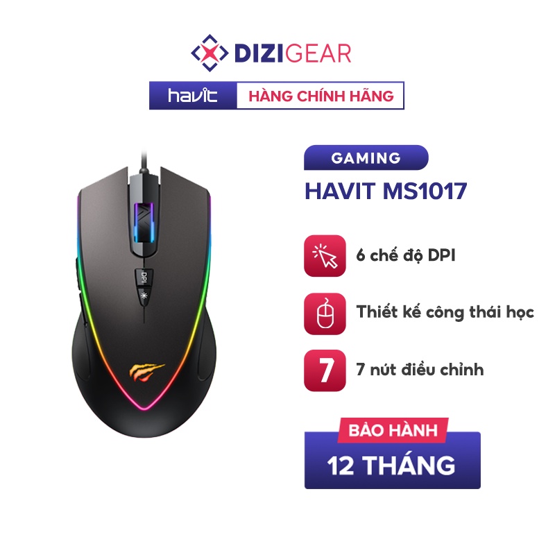 Chuột Có Dây HAVIT MS1017 RGB Backlit, 6 Chế Độ DPI + 7 Nút Điều Chỉnh, Tuổi Thọ 5 Triệu Lần Nhấn - Hàng Chính Hãng