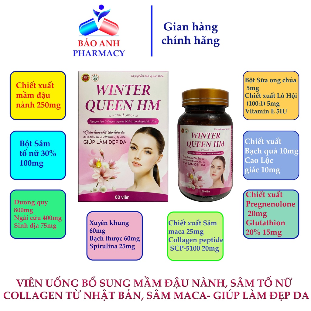 Viên Sâm tố nữ, mầm đậu nành, Collagen WINTER QUEEN HM giúp làm đẹp da, giảm sạm, nám, vết nhăn, bốc hỏa tiền mãn kinh