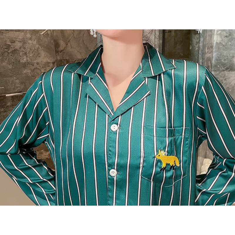 Bộ đồ ngủ dài tay giả lụa lạnh họa tiết kẻ sọc thiết kế độc đáo thời trang xuân thu cho cặp đôi