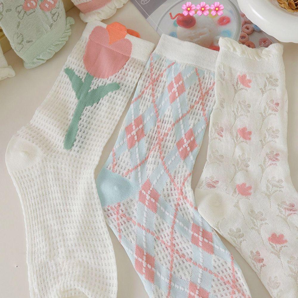 Tất Lưới Thoáng Khí Mềm Mại Họa Tiết Hoa Phong Cách Nhật Bản Cho Nữ