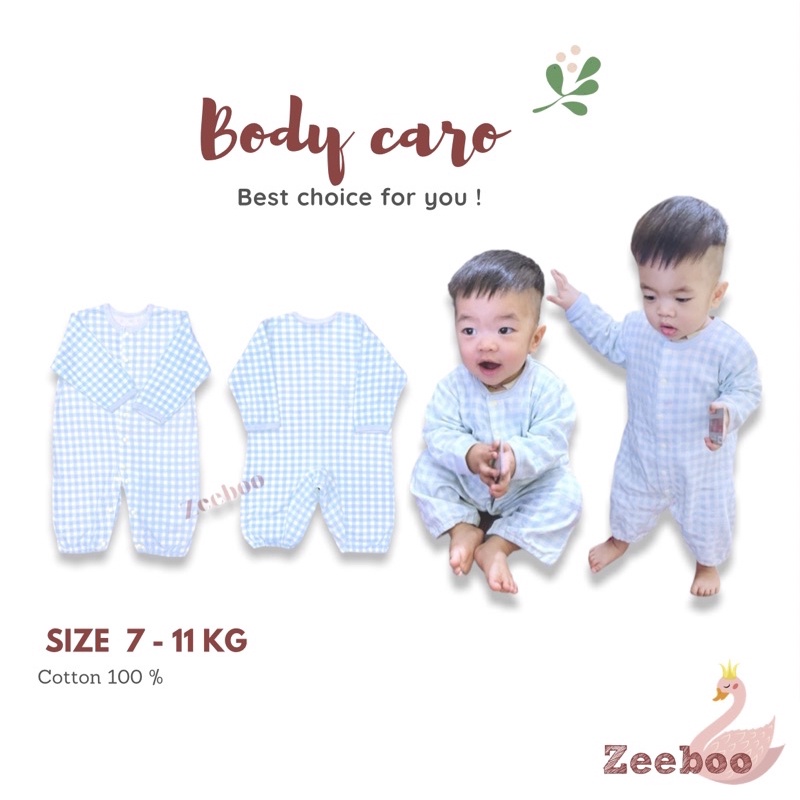 Bộ liền thân kẻ caro form rộng cho bé từ 6kg - 11 kg, thấm hút mồ hôi tốt, vải tiếp da mềm mịn cho bé giấc ngủ sâu