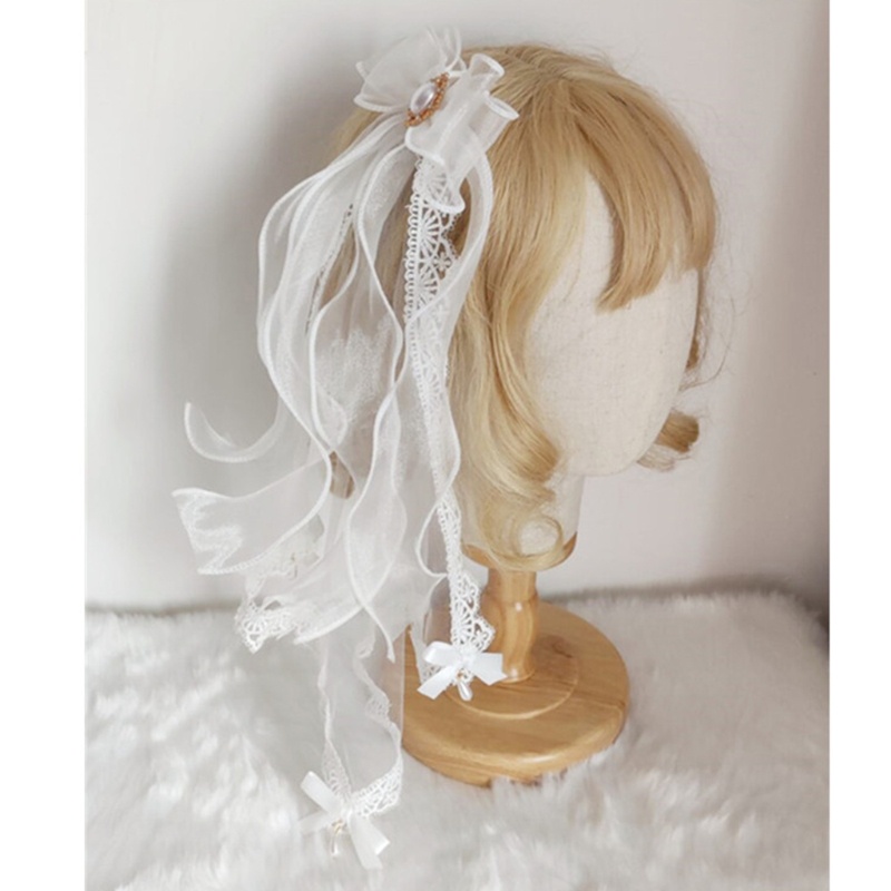 Kẹp Tóc Nơ Phối Ren Lưới Đính Ngọc Trai Phong Cách Lolita Dễ Thương Cho Nữ