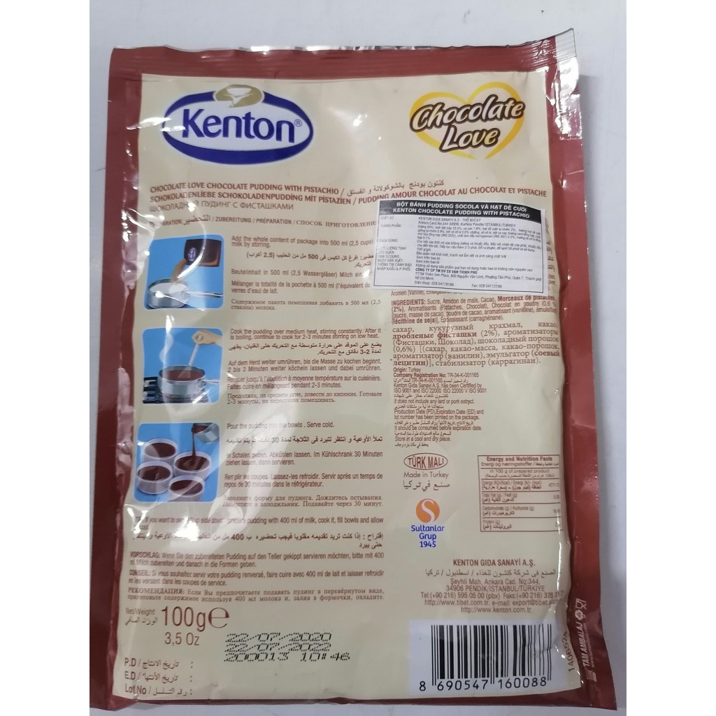 (EXP 24/12/2022) [100g - PISTACHIO] Bột bánh pudding Sô cô la &amp; Hạt dẻ [Turkey] KENTON Chocolate Pistachio Pudding