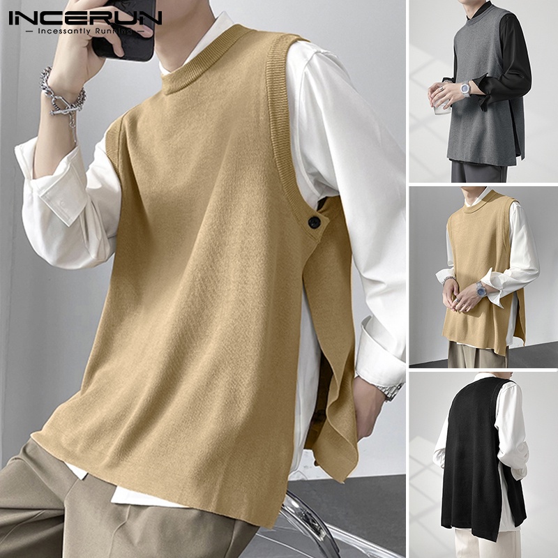 Áo Sweater INCERUN cổ tròn không tay thời trang xuân thu xẻ tà hai bên thời trang dành cho nam