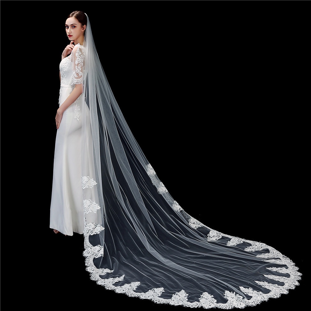 Bridal veil church long tail floor mopping veil rice white wedding dress exquisite lace decal 3 meters thumbnail