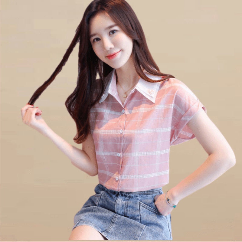 Áo sơ mi voan tay ngắn kẻ sọc che bụng thời trang mùa hè 2021 phong cách nước ngoài cho nữ