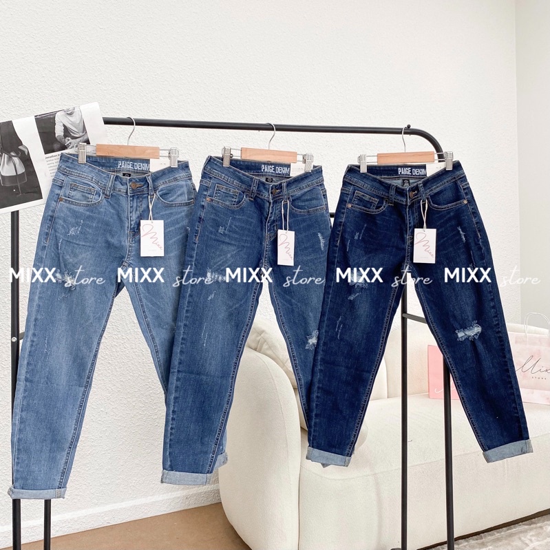 Quần Jean Nữ Baggy PAIGE DENIM rách nhẹ chất dày dặn co giãn thoải mái phom 9 tấc trẻ trung