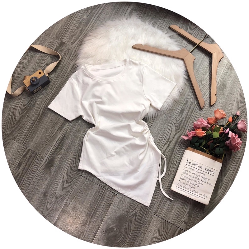 Áo thun body tay ngắn vạt bầu dây rút bên eo kèm hình thật