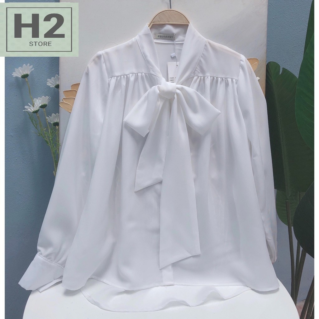 Áo Sơ Mi Trắng Dài Tay Nữ Cổ Nơ Tay Bồng Big Size H2 Store | BigBuy360 - bigbuy360.vn