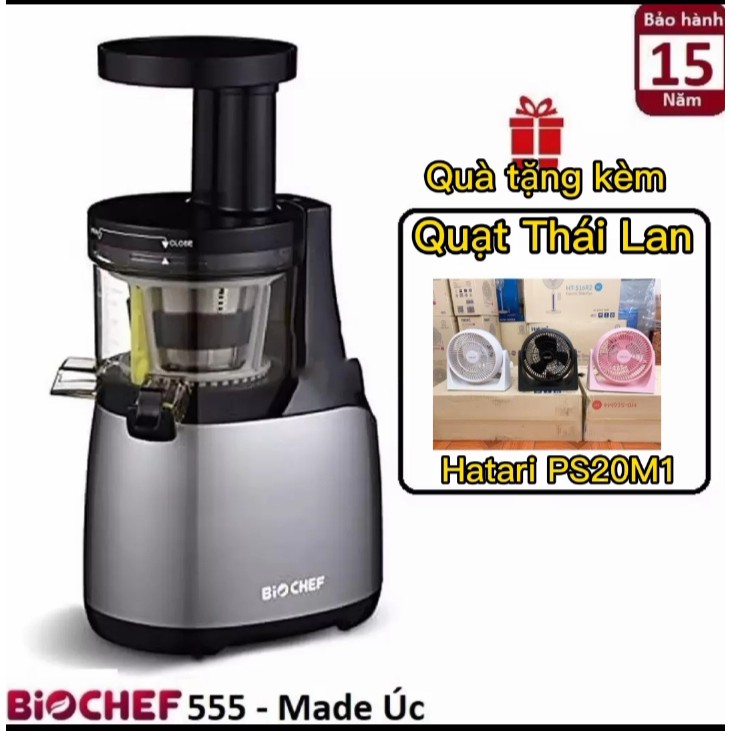 (Mã CHUTHI5 giảm 50K) Máy ép trái cây chậm BioChef 555 (Bạc+ Đỏ)+Tặng Quạt Thái Lan Hatari HT-PS20M1 - Hàng chính hãng