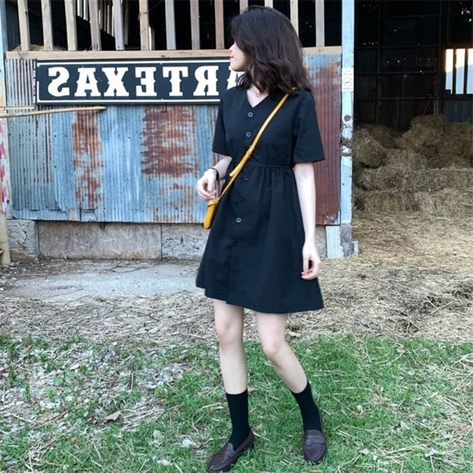 Đầm midi chữ A tay ngắn phối ren thời trang mùa hè phong cách Hàn Quốc