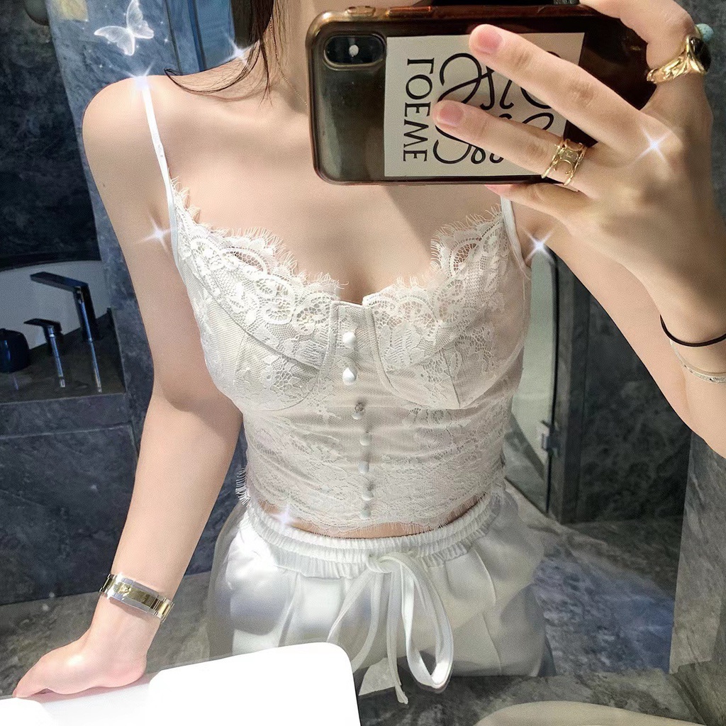 Áo Bra Ren 2 Dây Đính Khuy Dáng Croptop Chiết Eo Tôn Dáng Chun Lưng Co Giãn B.187