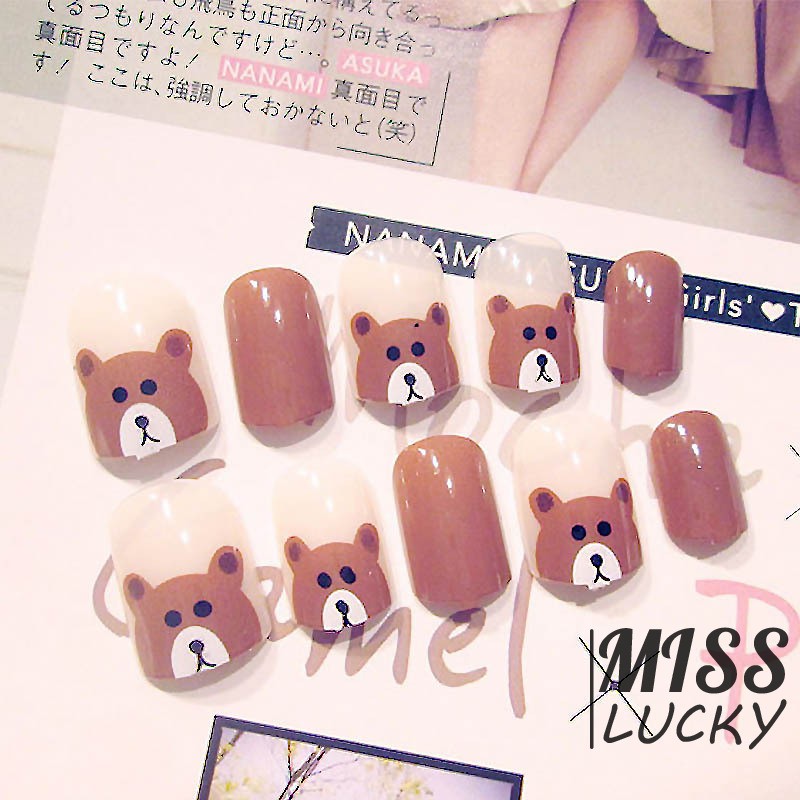 [Hàng mới về] Set 24 móng tay giản ngắn hình chú gấu nâu dễ thương