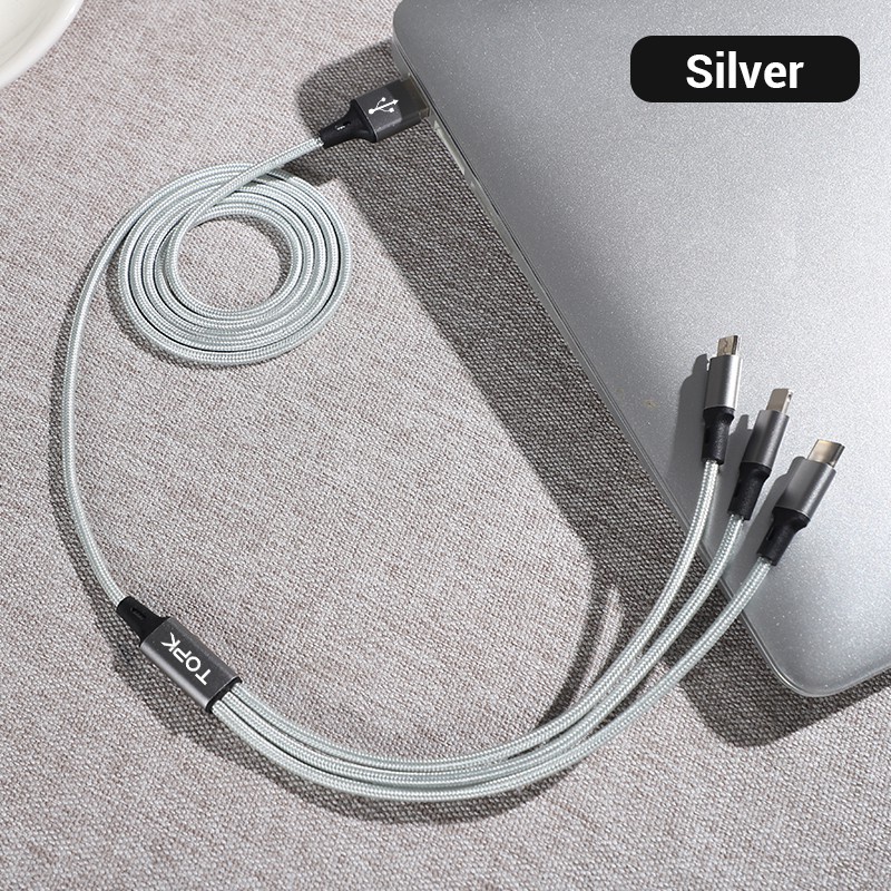 Dây sạc nhanh 3A TOPK AS10-3,AN20-3 vỏ bên nylon 3 trong 1 ,Type-C,Micro cho ip,samsung...