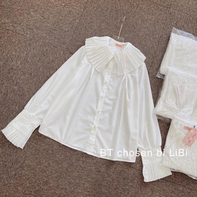 Áo Sơ Mi Trắng Nữ Cổ Bèo Dập Li Tay Loe Tiểu Thư