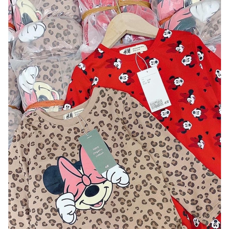Set 2 váy xòe Mickey mouse xuất dư, váy cotton dài tay Minnie cho bé gái siêu xinh mềm đẹp, hình in sắc nét