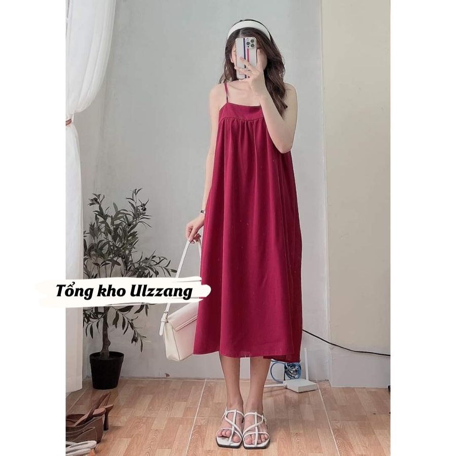 Váy Đầm Maxi Đi Biển Hai Dây Xòe Vải Đũi Lụa Mềm Mát Màu Xanh Lá Xanh Bơ