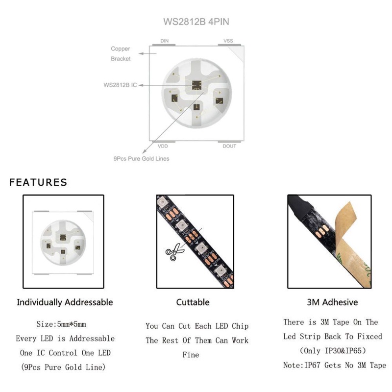 ĐÈN LED FULL MÀU ARGB NEOPIXEL WS2812B 5V 60LED/MÉT DÂY 1 MÉT