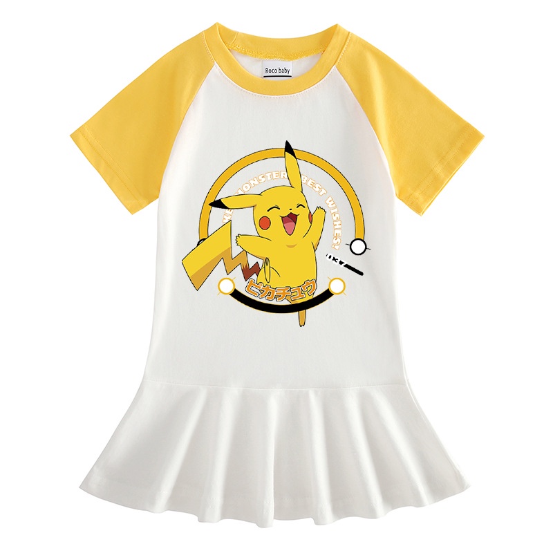 Hoạt Hình Đầm cotton Tay Lỡ Xếp Ly In Hình pikachu Dễ Thương Cho Bé Gái