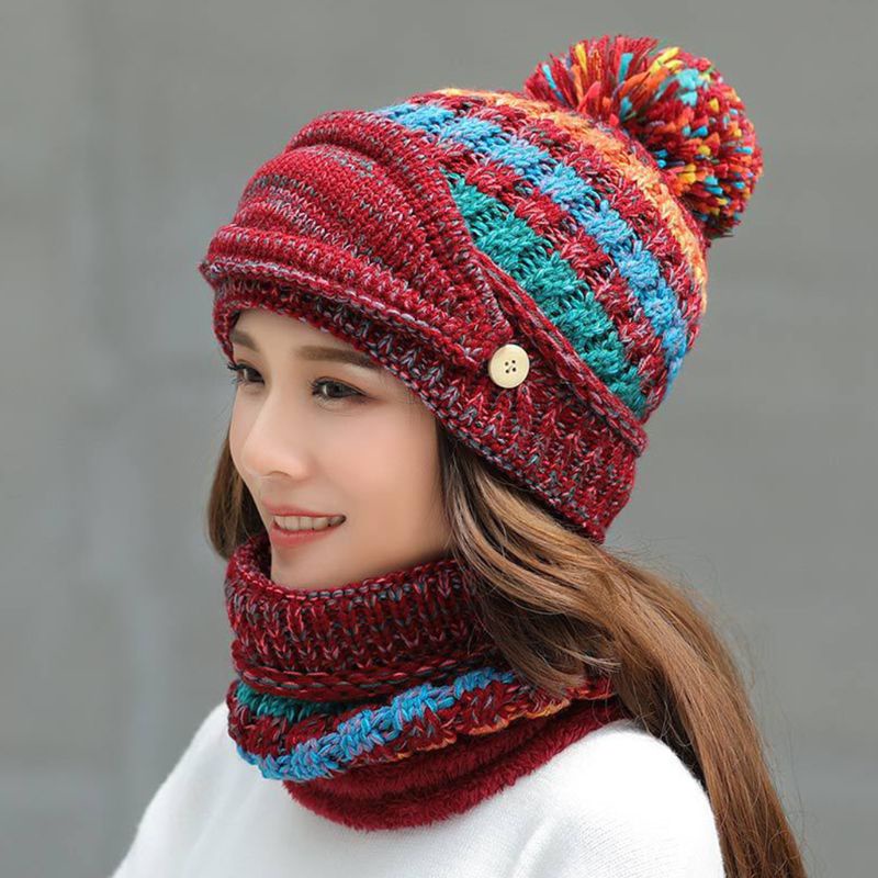 Set Mũ Len Kèm Khăn Choàng Cổ Màu Sắc Xinh Xắn Cho Nữ