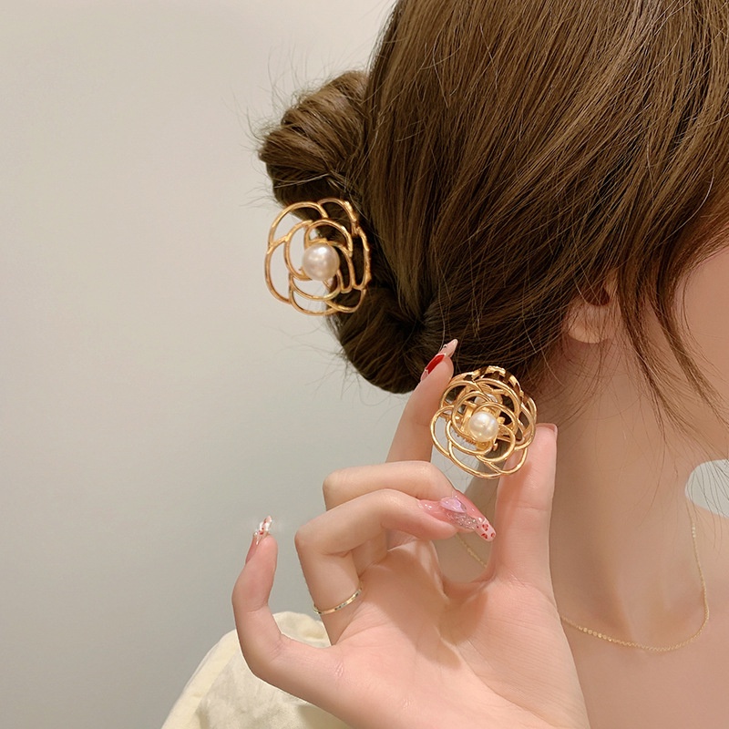 Kẹp Tóc Hình Hoa Trà Đính Ngọc Trai Giả Bằng Hợp Kim Phong Cách Hàn Quốc