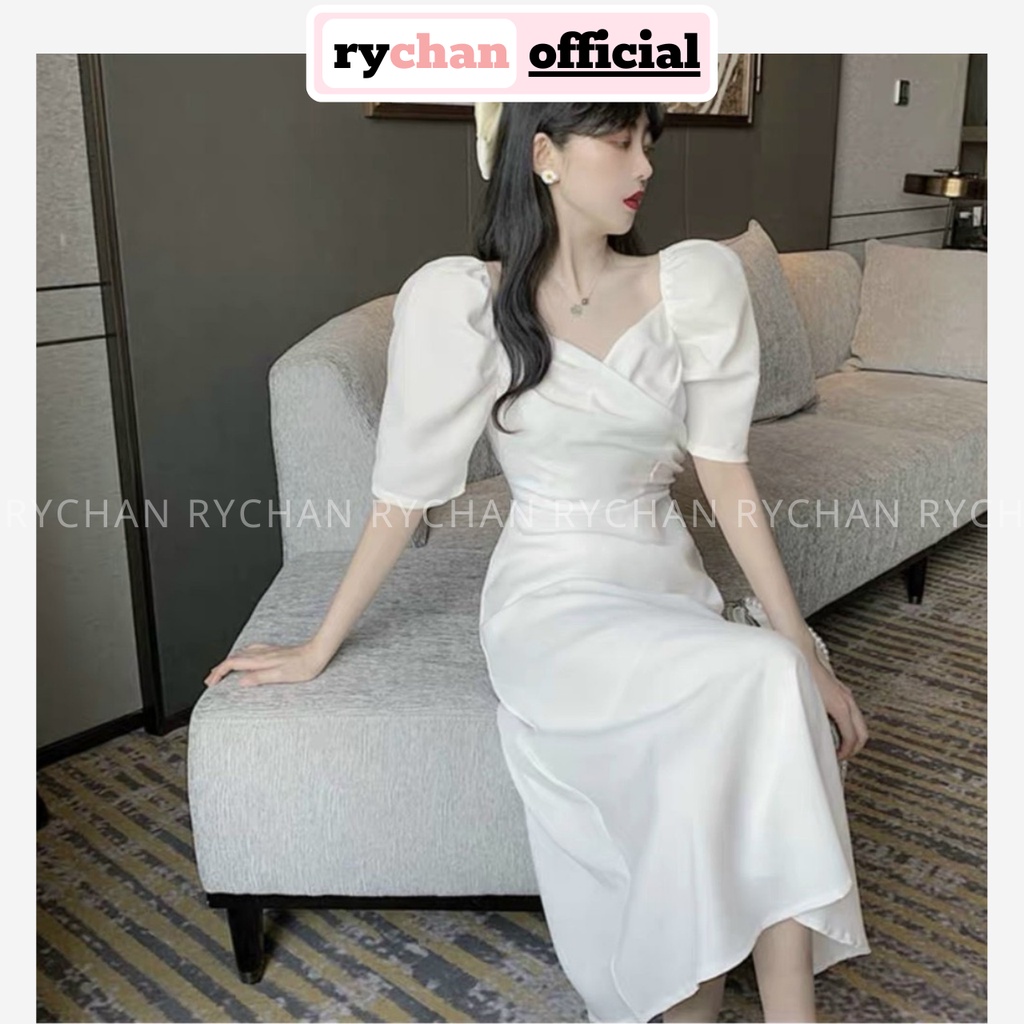 Đầm Xòe Midi Tiểu Thư Trắng  Đắp Chéo Lót Trong Dày Dặn - DX0040