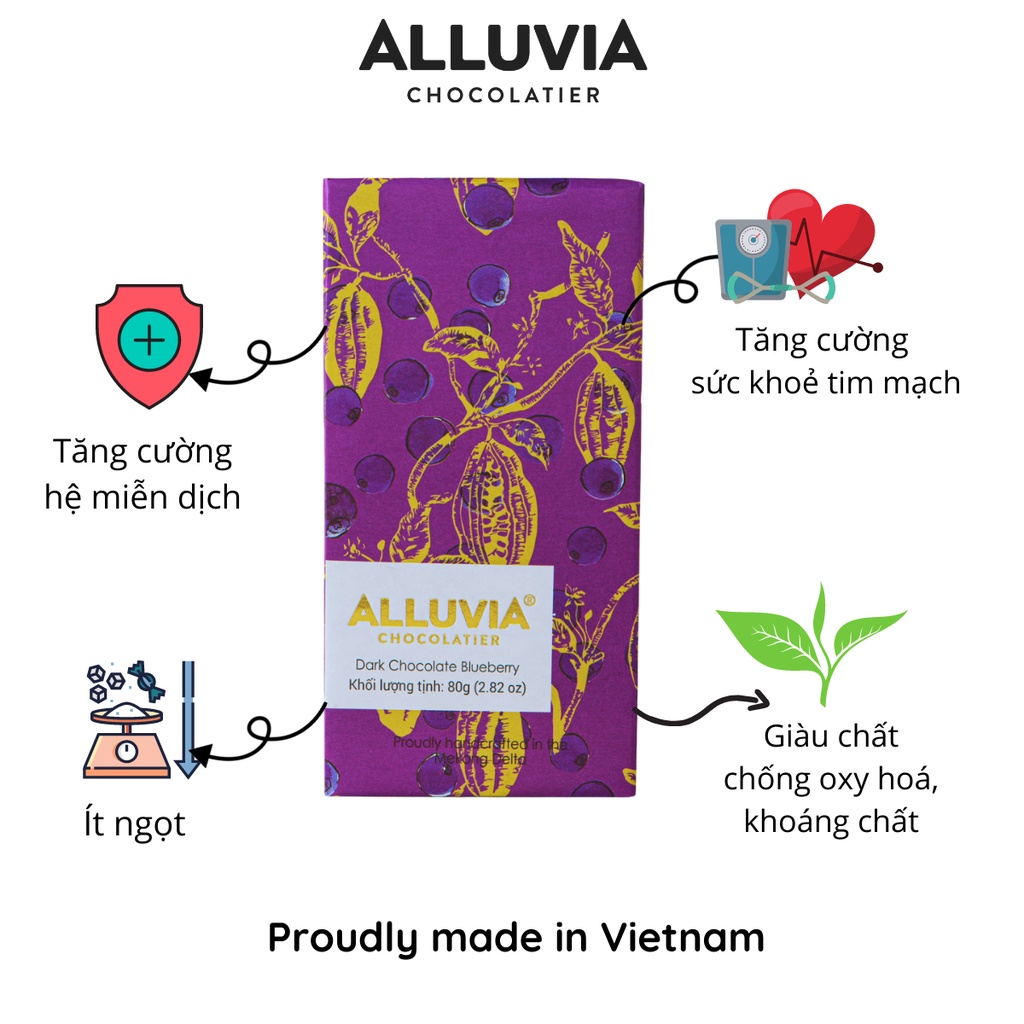 Socola đen nguyên chất nhân Việt Quất đắng vừa Alluvia thanh lớn 80 gram Dark chocolate with Bluberry