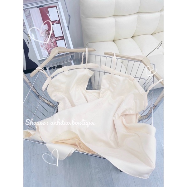 Váy Thiết Kế Hai Dây Dáng Xoè Tà Nhọn Dự Tiệc Chất Lụa Free Size V275 Màu Kem AĐ BOUTIQUE