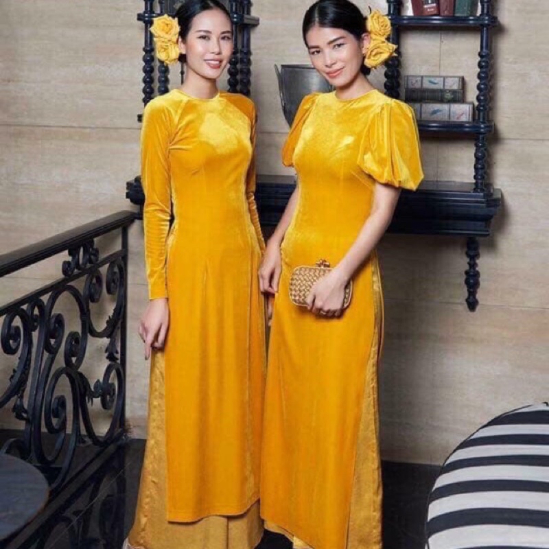 Áo dài nhung màu vàng MinhAnh
