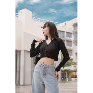 CROPTOP nút tay dài cổ V cuốn biên - ảnh cuối chụp thật