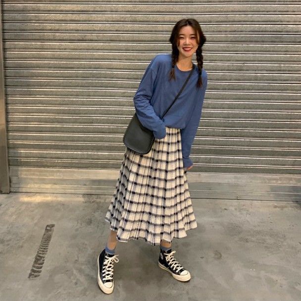 Korean Style Women's Retro Plaid Elastic Casual Plaid Skirt