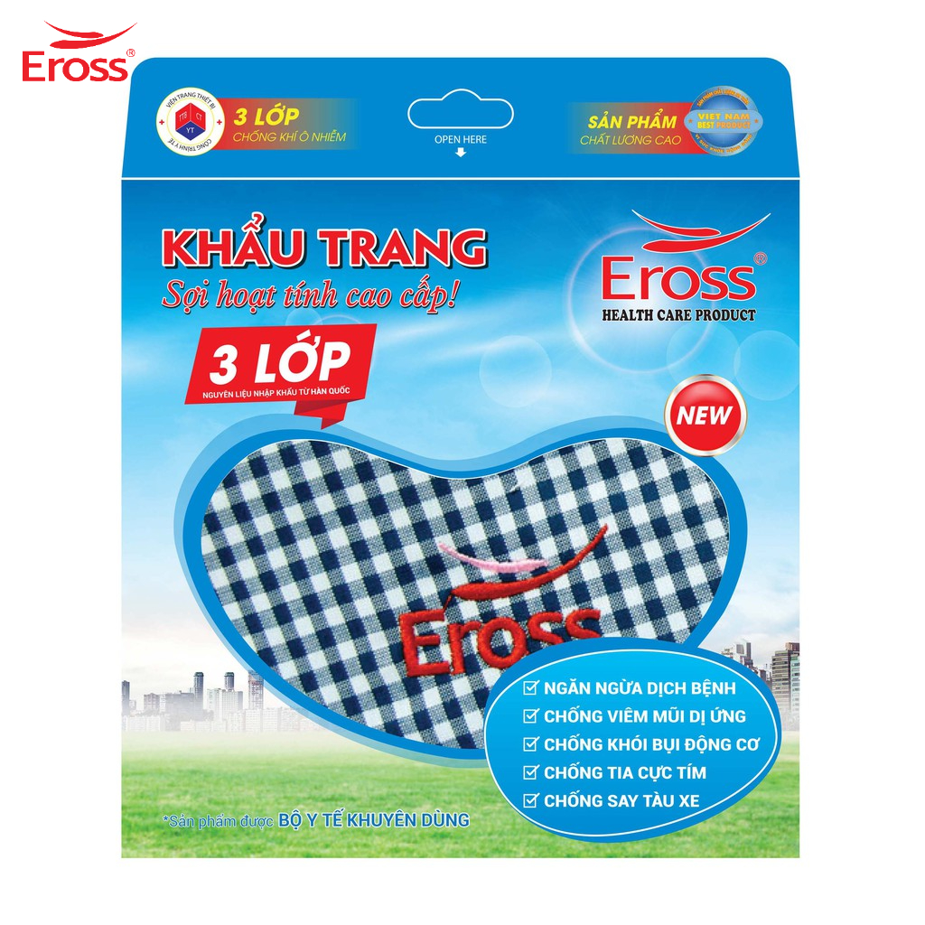 Khẩu trang sợi hoạt tính nhập khẩu Hàn Quốc Eross size M / L người lớn, 3 lớp công nghệ nano sliver kháng khuẩn