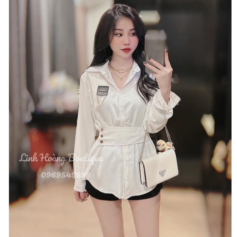 Áo sơ mi nữ dáng dài form rộng may logo, áo sơ mi dài tay công sở bắt mắt